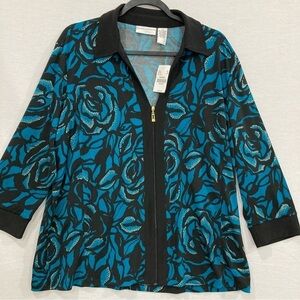 New Drapers & Damons Black Blue Floral Soft Stretch Zip Up Top XL